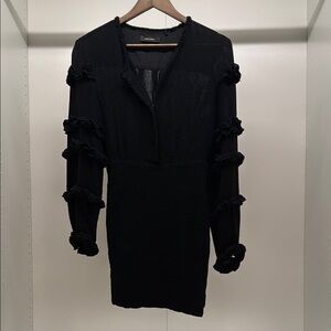 Isabel Marant Black Ruffled Textured Long Sleeve Dress